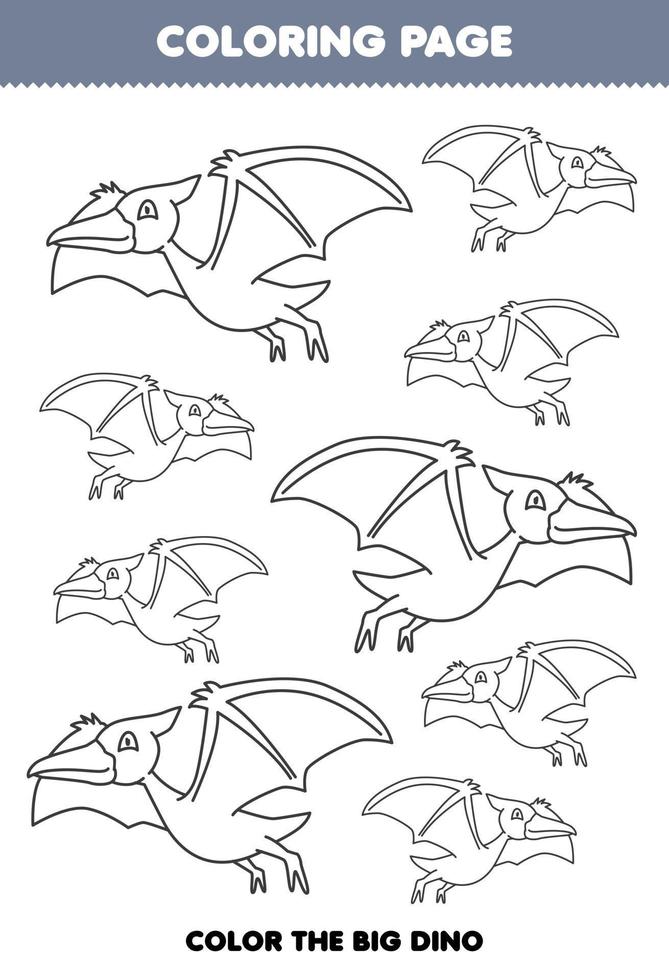 juego educativo para niños página para colorear imagen grande o pequeña de dibujos animados lindo dinosaurio prehistórico pteranodon arte lineal hoja de trabajo imprimible vector