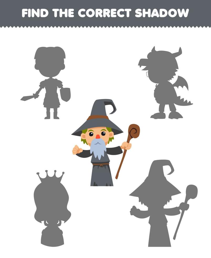 Education game for children find the correct shadow set of cute cartoon wizard costume halloween printable worksheet vector