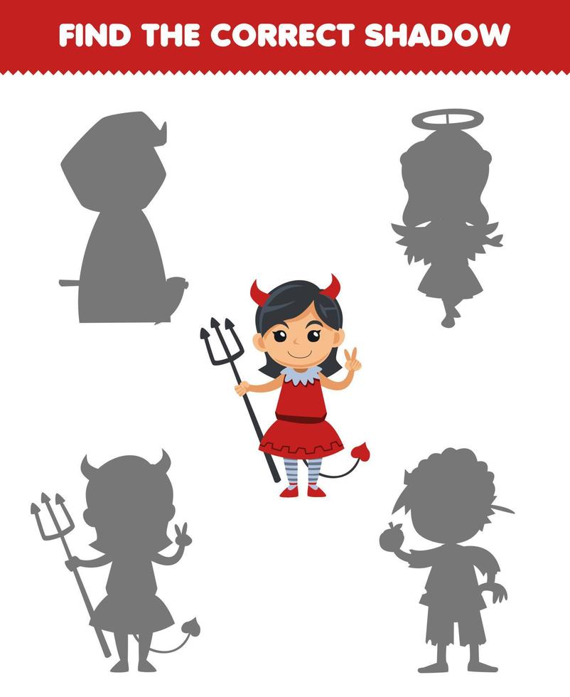 Education game for children find the correct shadow set of cute cartoon devil girl costume halloween printable worksheet vector