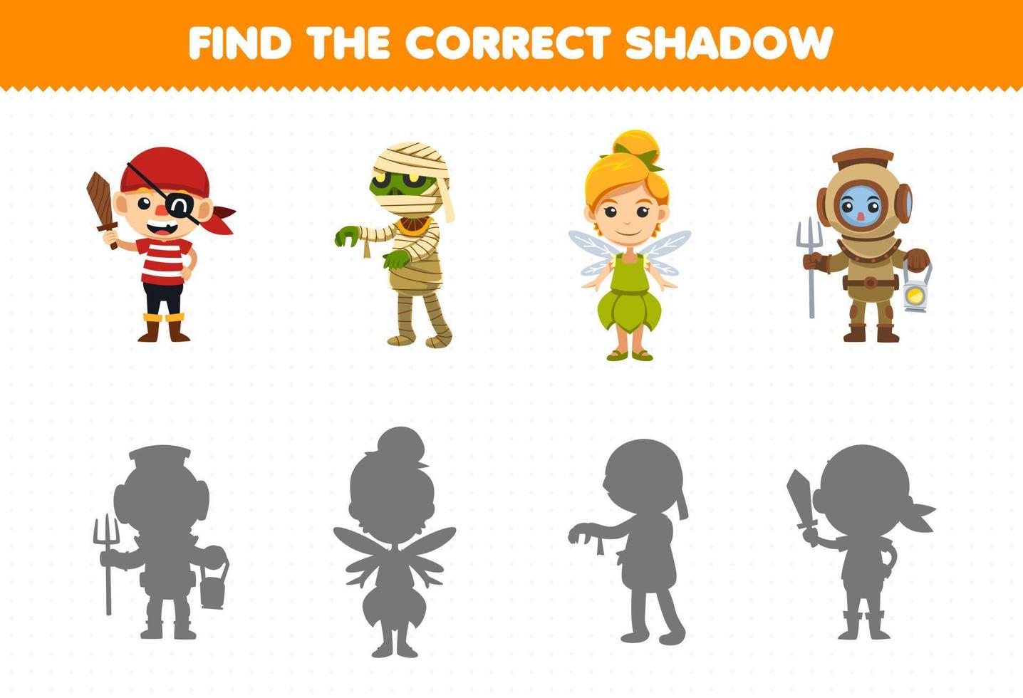 juego educativo para niños encontrar la sombra correcta conjunto de dibujos animados lindo niño pirata momia hada niña disfraz halloween hoja de trabajo imprimible vector