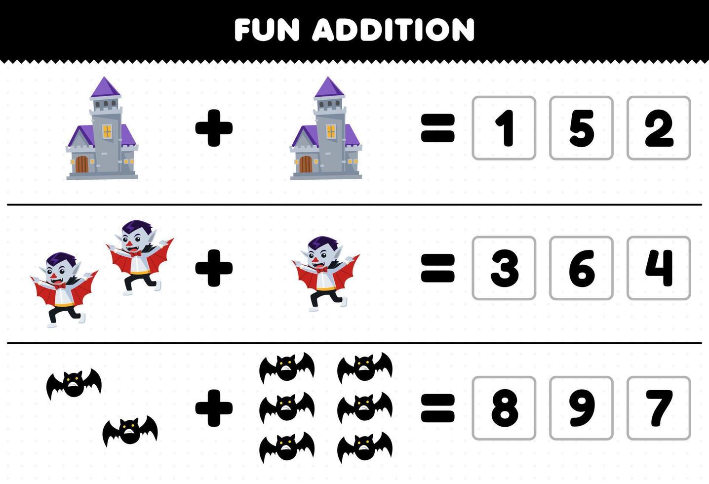 juego educativo para niños adición divertida adivinando el número correcto de hoja de trabajo imprimible de dibujos animados lindo murciélago castillo drácula disfraz halloween vector