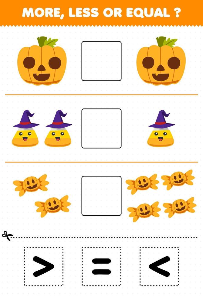 juego educativo para niños más menos o igual cuente la cantidad de dulces de maíz de calabaza de dibujos animados lindos, luego corte y pegue el letrero correcto hoja de trabajo de halloween vector