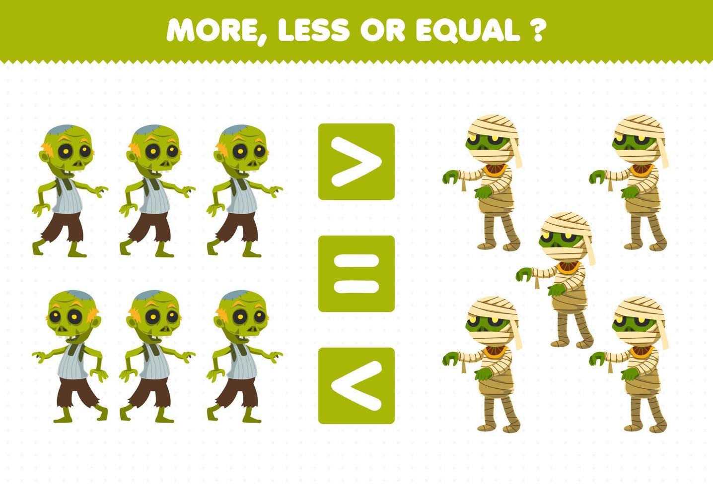 Education game for children more less or equal count the amount of cute cartoon zombie and mummy costume halloween printable worksheet vector