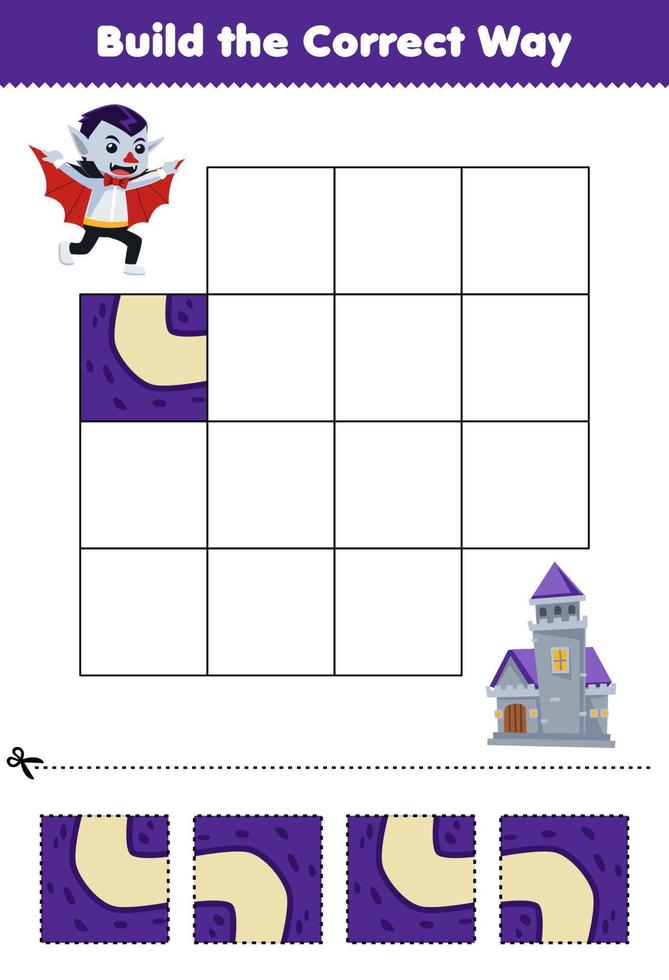 juego de educación para niños construir la forma correcta ayuda lindo dibujo animado drácula disfraz de niño mudarse al castillo hoja de trabajo imprimible de halloween vector