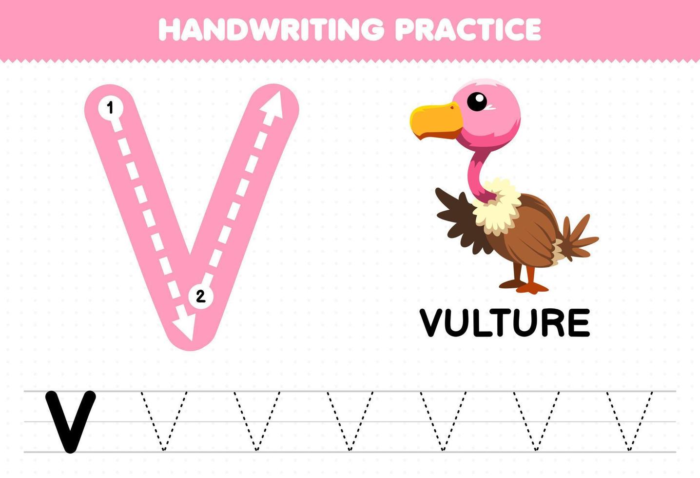juego educativo para niños práctica de escritura a mano con letras mayúsculas v para hoja de trabajo imprimible de buitre vector