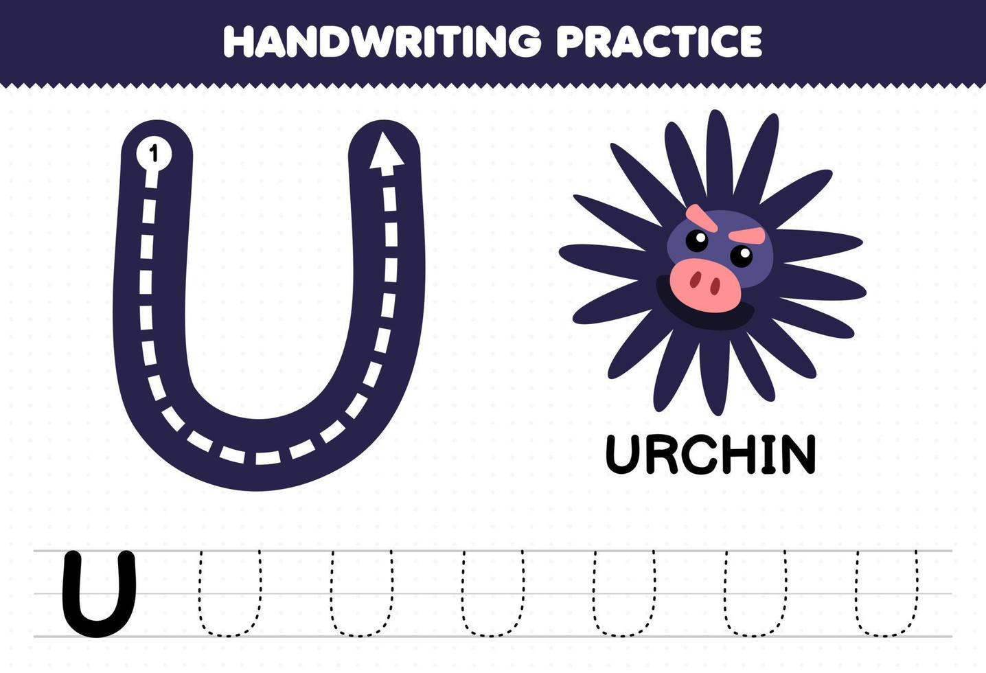 Education game for children handwriting practice with uppercase letters U for urchin printable worksheet vector
