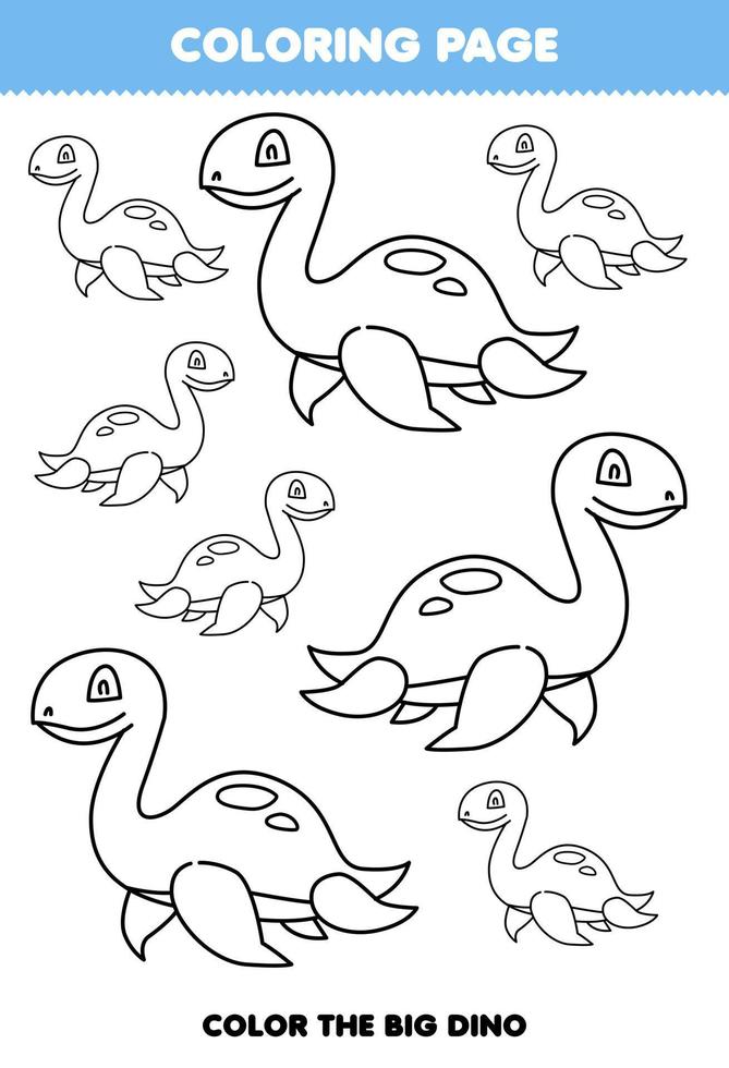 Education game for children coloring page big or small picture of cute cartoon prehistoric dinosaur plesiosaur line art printable worksheet vector