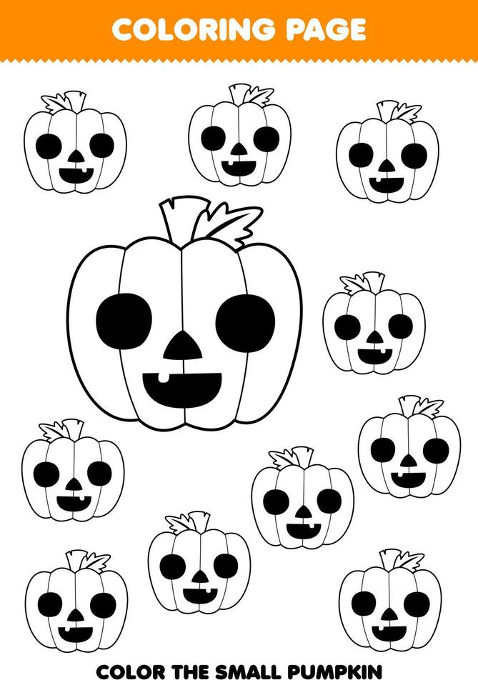 Education game for children coloring page big or small picture of cute cartoon pumpkin line art halloween printable worksheet vector