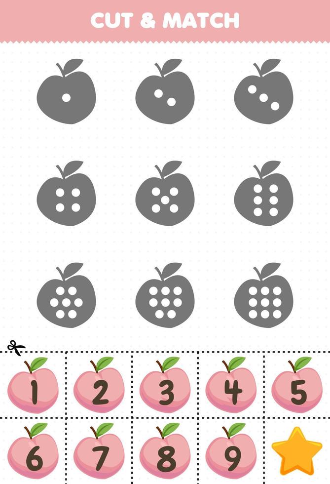 Educational game for kids count the dots on each silhouette and match them with the correct numbered peach fruits printable worksheet vector