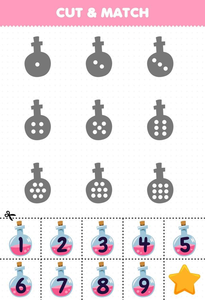 juego educativo para niños cuente los puntos en cada silueta y combínelos con la hoja de trabajo imprimible de halloween de la botella de poción rosa numerada correcta vector