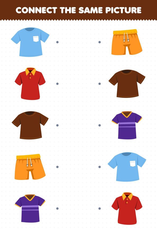 Education game for children connect the same picture of cartoon wearable clothes t shirt polo jersey pant printable worksheet vector