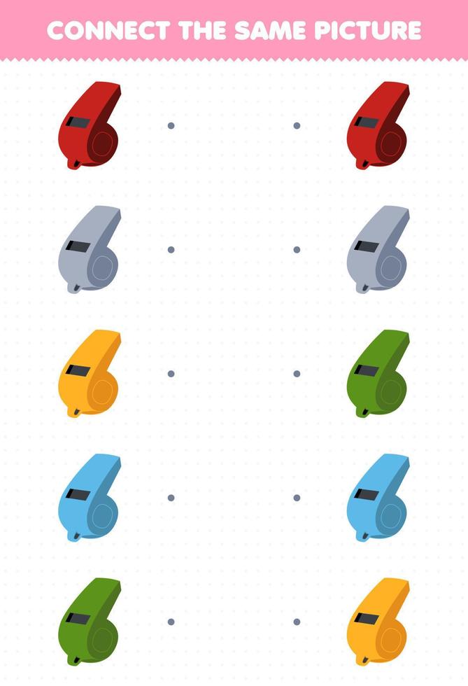 juego educativo para niños conecta la misma imagen de la hoja de trabajo imprimible del silbato del instrumento musical de dibujos animados vector
