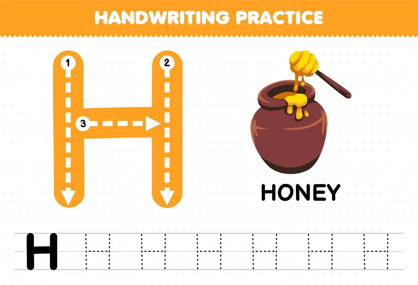 Education game for children handwriting practice with uppercase letters H for honey printable worksheet vector