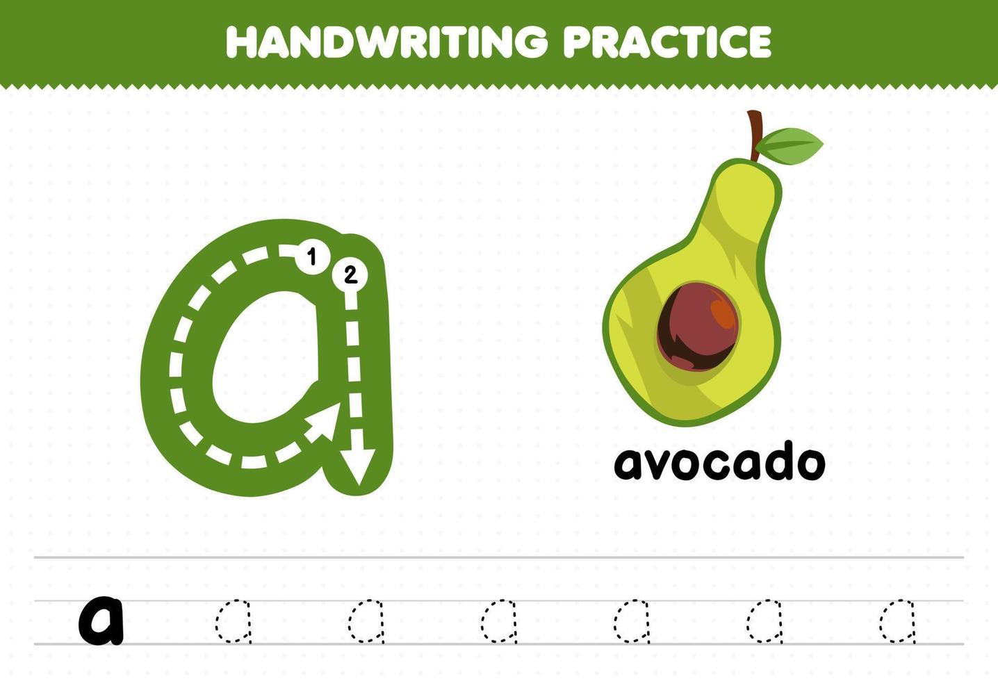 juego educativo para niños práctica de escritura a mano con letras minúsculas a para hoja de trabajo imprimible de aguacate vector