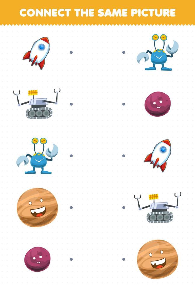 Education game for children connect the same picture of cute cartoon solar system rocket robot alien jupiter planet printable worksheet vector