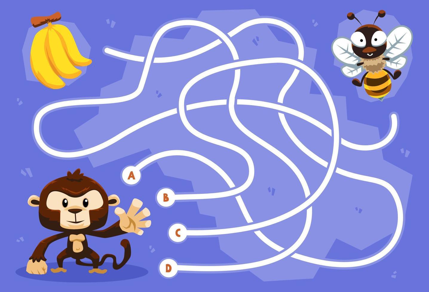 Maze puzzle game for children with cute cartoon animal monkey bee and banana printable worksheet vector