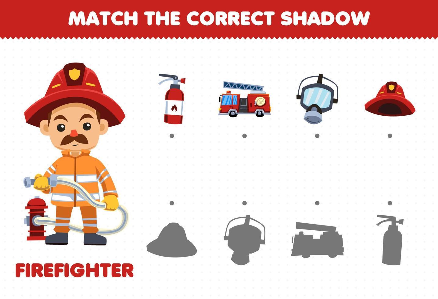 los juegos educativos para niños coinciden con la sombra correcta de las cosas de profesión establecidas para la hoja de trabajo imprimible de bombero de dibujos animados lindo vector