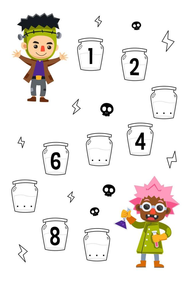 Education game for complete the sequence of number with cute cartoon frankenstein and scientist costume picture halloween printable worksheet vector