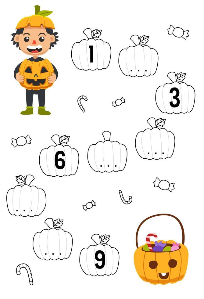 Education game for complete the sequence of number with cute cartoon pumpkin boy and candy basket picture halloween printable worksheet vector