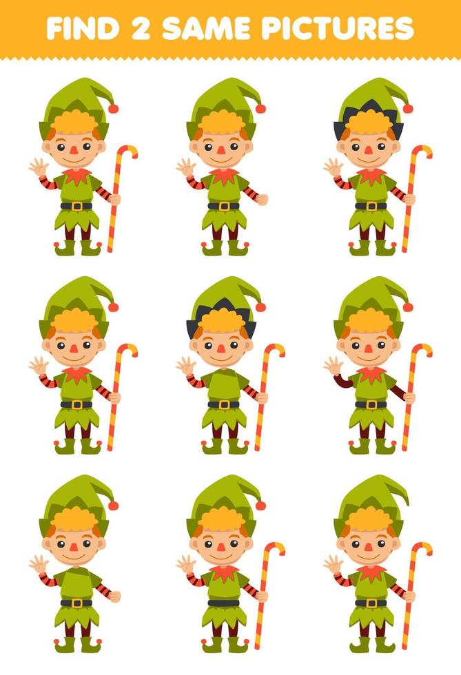 Education game for children find two same pictures of cute cartoon dwarfs boy costume halloween printable worksheet vector