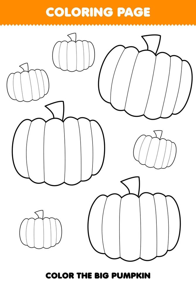 Education game for children coloring page big or small picture of cute cartoon pumpkin vegetable line art printable worksheet vector