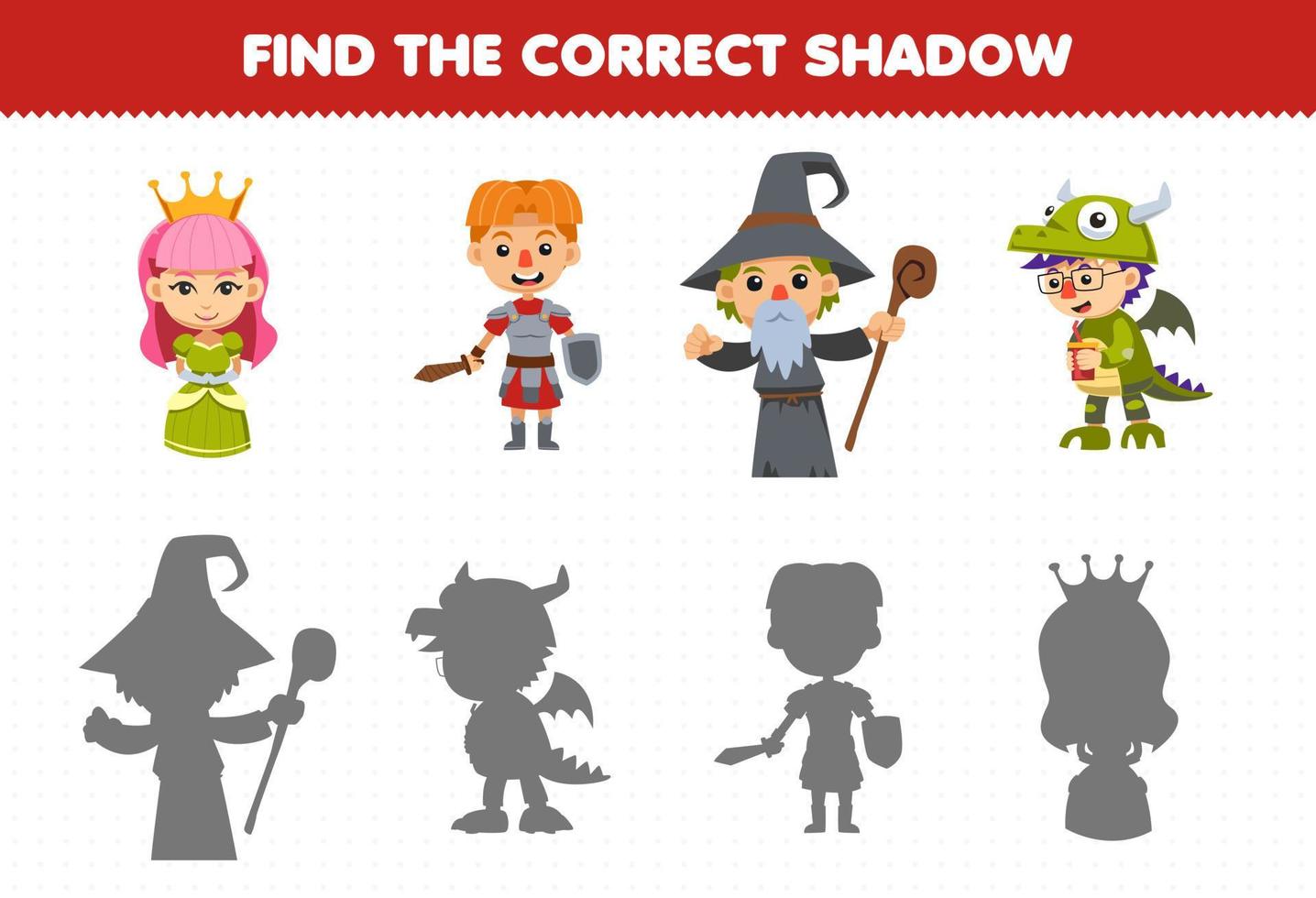 juego educativo para niños encontrar la sombra correcta conjunto de dibujos animados lindo reina caballero mago niño dragón disfraz halloween hoja de trabajo imprimible vector