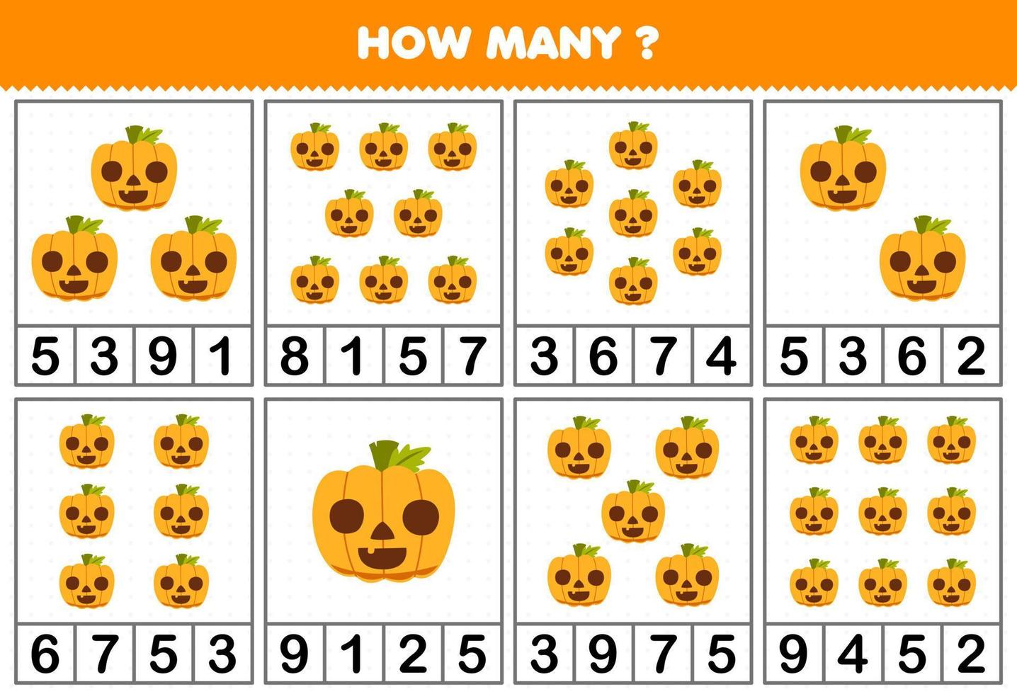 Education game for children counting how many objects in each table of cute cartoon pumpkin with face halloween printable worksheet vector