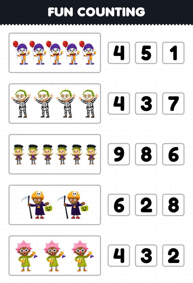 Education game for children fun counting and choosing the correct number of cute cartoon clown skeleton frankenstein scientist costume halloween printable worksheet vector
