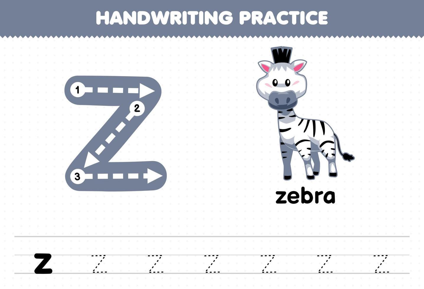 juego educativo para niños práctica de escritura a mano con letras minúsculas z para hoja de trabajo imprimible de cebra vector