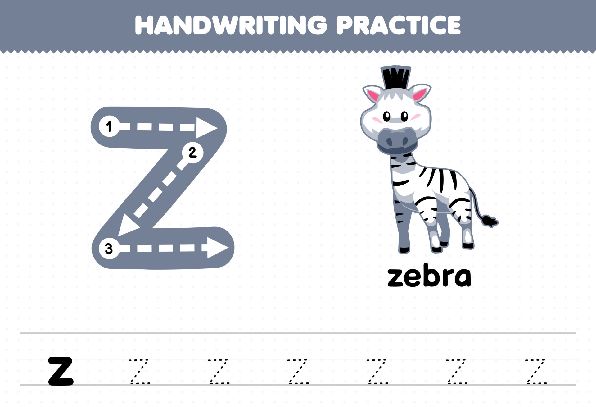 Education game for children handwriting practice with lowercase letters z for zebra printable