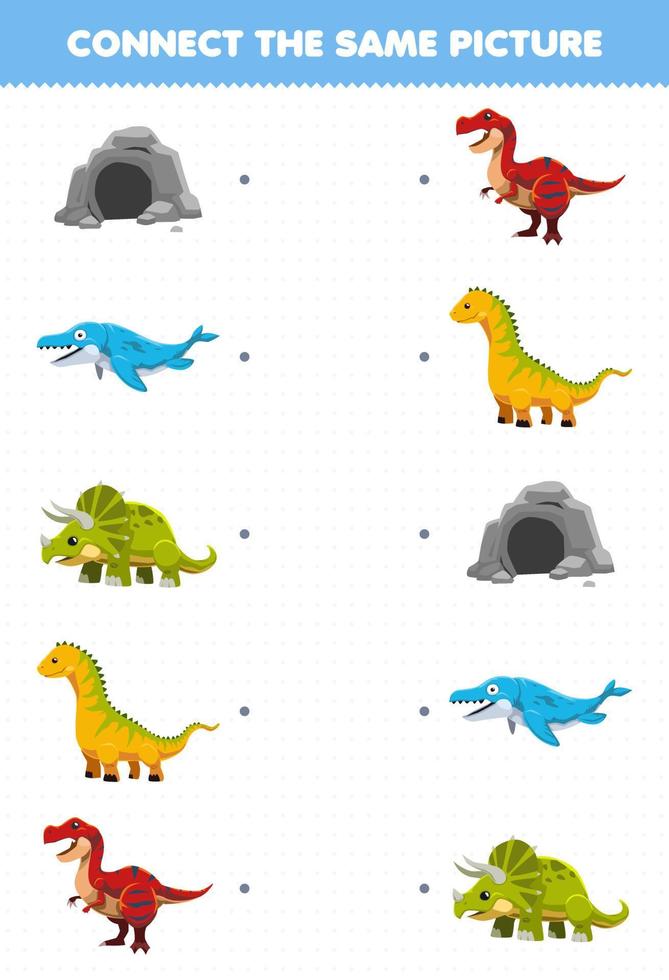 juego educativo para niños conecta la misma imagen de una linda hoja de trabajo imprimible de dinosaurio prehistórico de dibujos animados vector