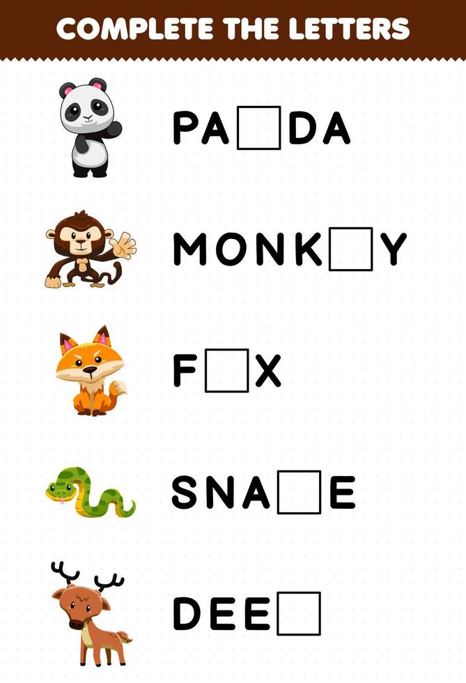 Education game for children complete the letters from cute jungle animal  name printable worksheet 10067289 Vector Art at Vecteezy