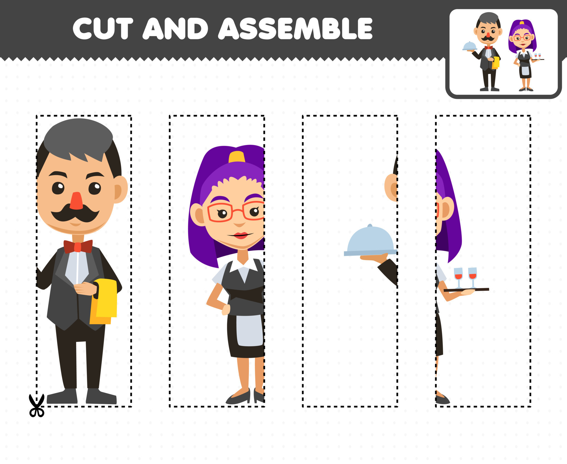 Education game for children cutting practice and assemble puzzle with