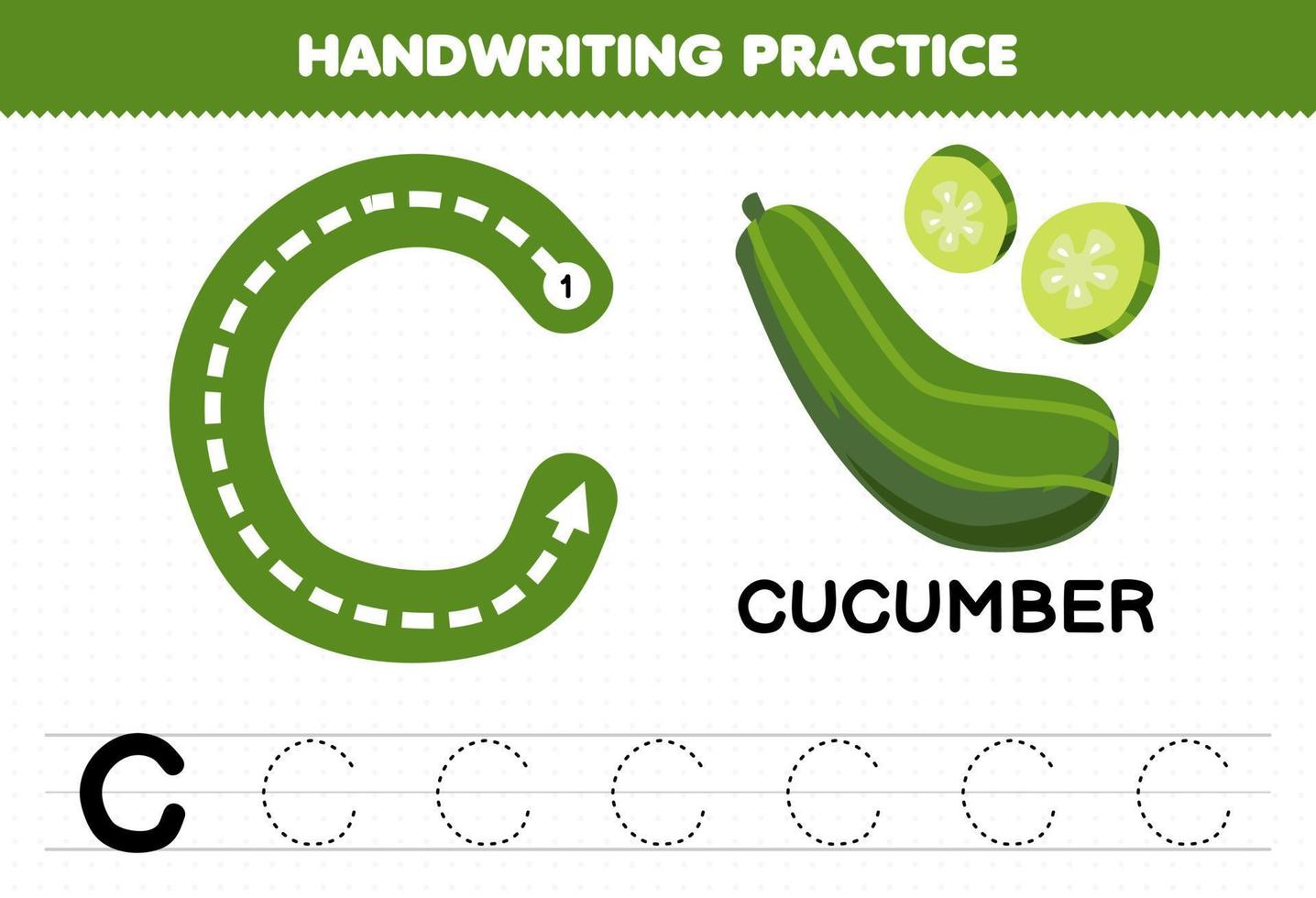 Education game for children handwriting practice with uppercase letters C for cucumber printable worksheet vector