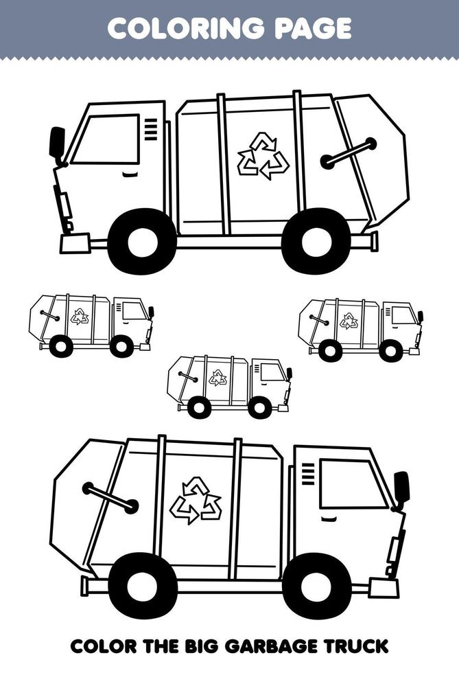 Education game for children coloring page big or small picture of cute cartoon garbage truck transportation line art printable worksheet vector