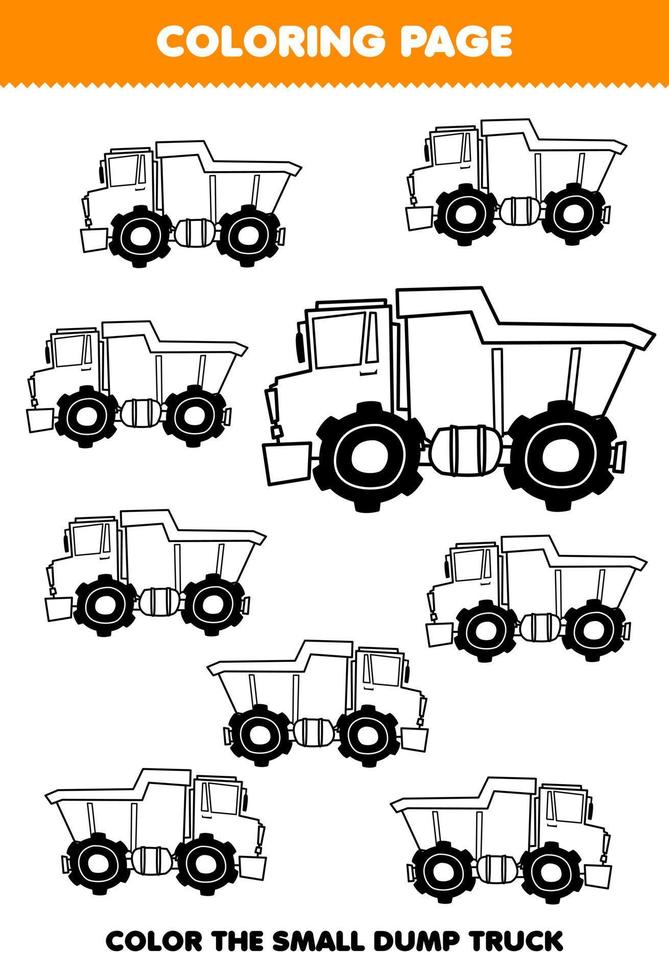 Education game for children coloring page big or small picture of cute cartoon dump truck transportation line art printable worksheet vector