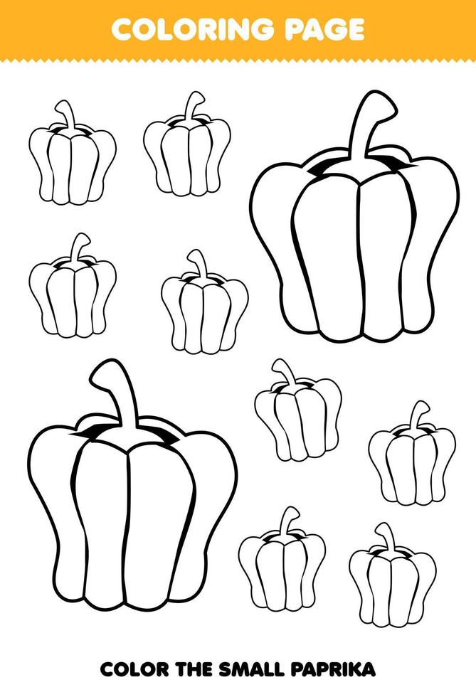 Education game for children coloring page big or small picture of cute cartoon paprika vegetable line art printable worksheet vector