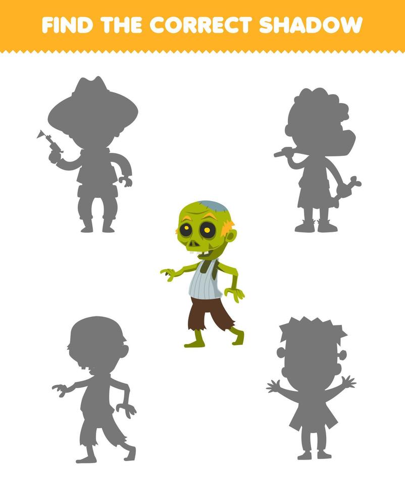 Education game for children find the correct shadow set of cute cartoon zombie costume halloween printable worksheet vector