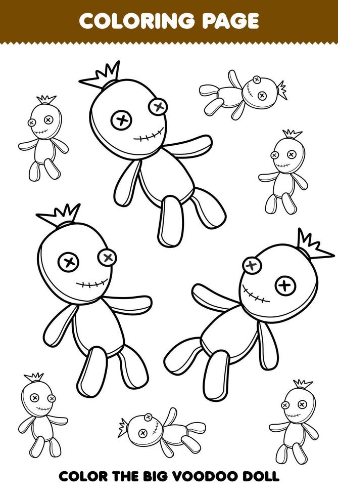 juego educativo para niños página para colorear imagen grande o pequeña de dibujos animados lindo muñeco vudú arte lineal hoja de trabajo imprimible de halloween vector