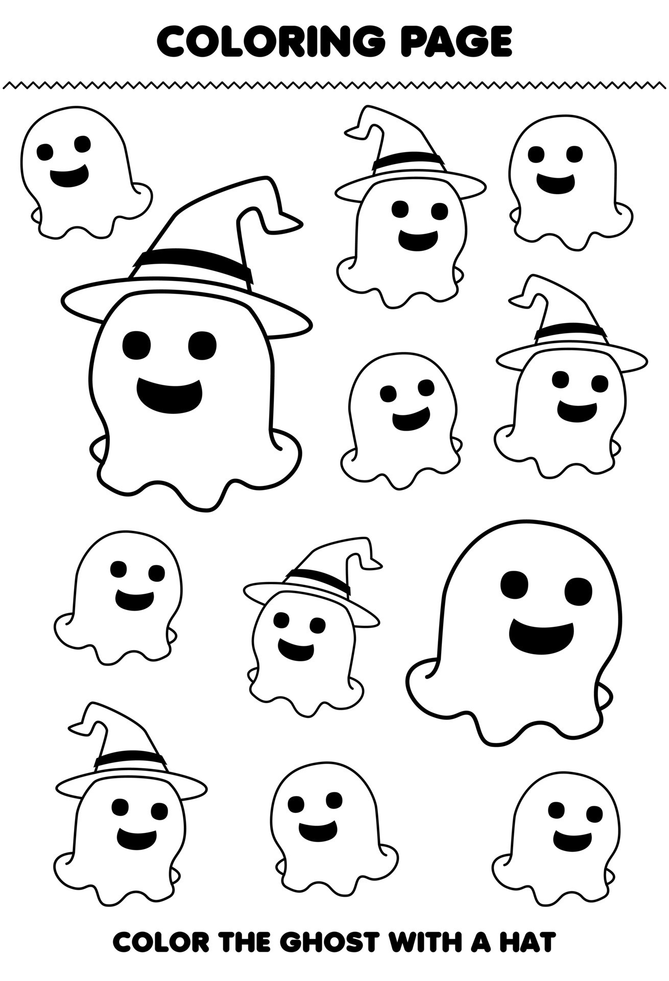 Education game for children coloring page of cute cartoon ghost with a hat  line art halloween printable worksheet 10067315 Vector Art at Vecteezy
