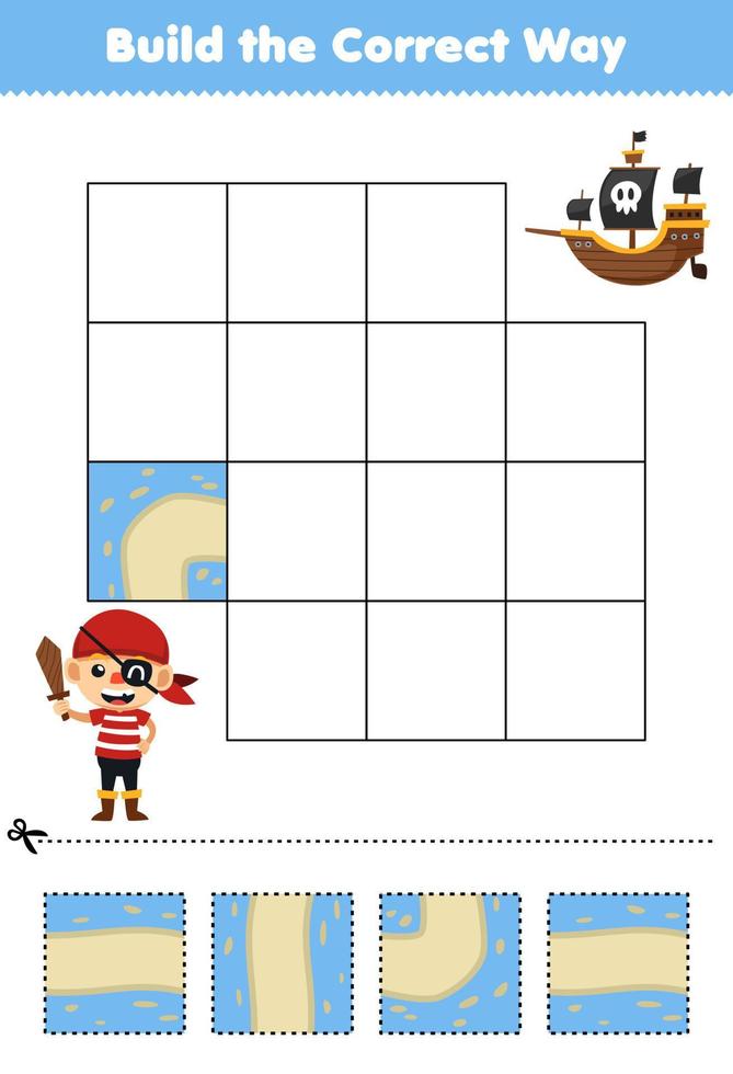 Education game for children build the correct way help cute cartoon pirate boy costume move to ship halloween printable worksheet vector