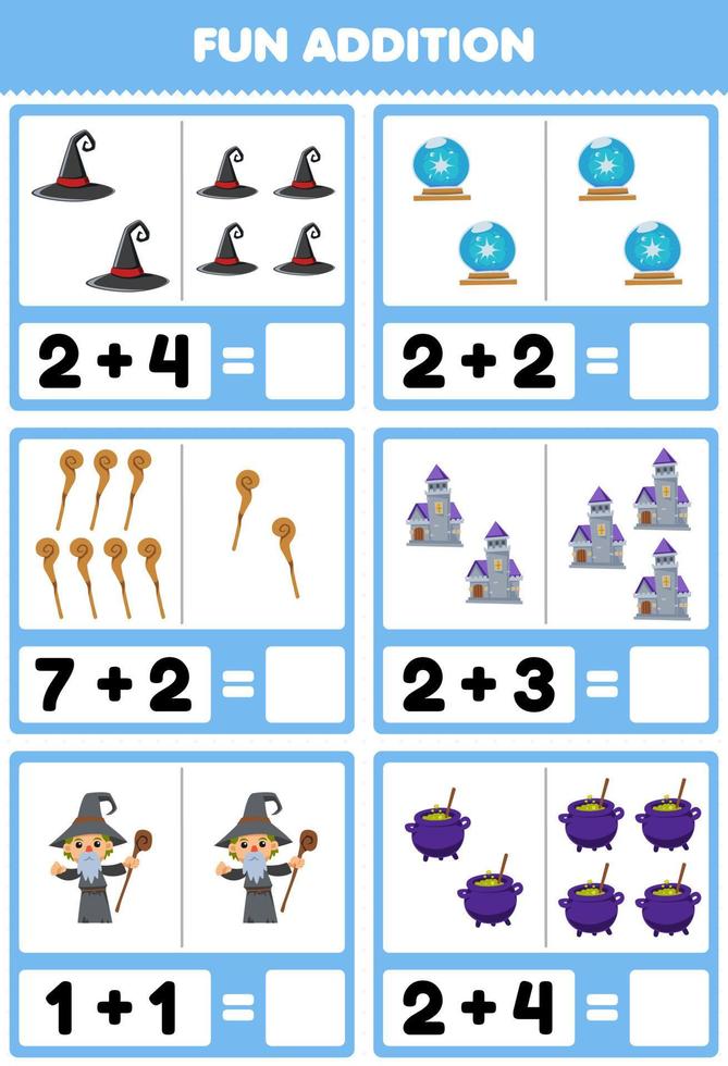 Education game for children fun addition by counting and sum of cute cartoon wizard hat magic orb castle staff cauldron halloween printable worksheet vector