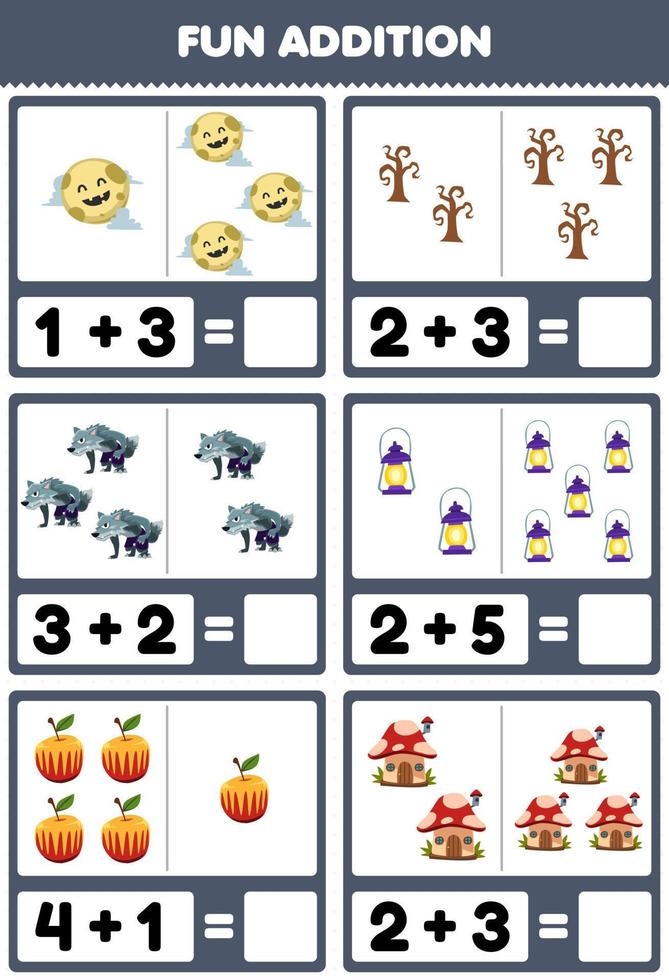 Education game for children fun addition by counting and sum of cute cartoon moon werewolf lantern apple mushroom house halloween printable worksheet vector