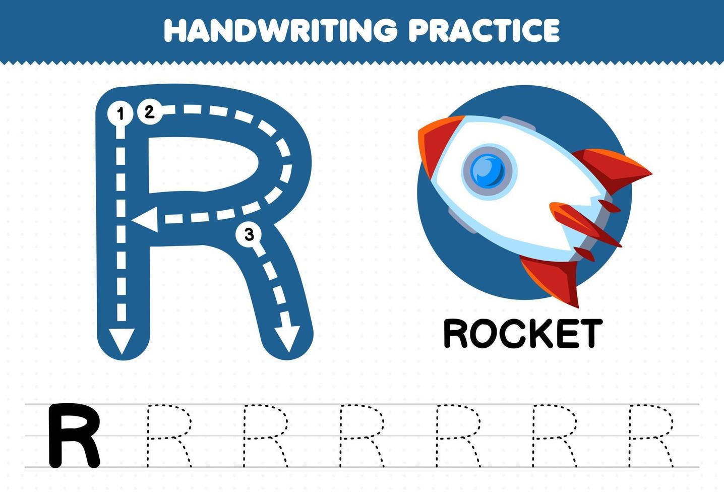 Education game for children handwriting practice with uppercase letters R for rocket printable worksheet vector