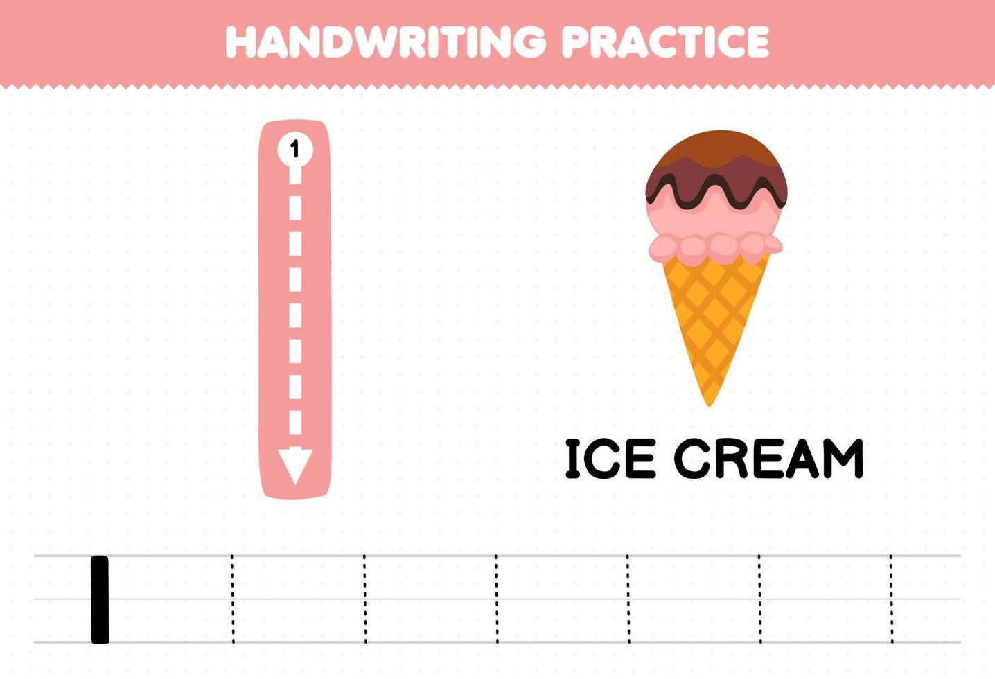 juego educativo para niños práctica de escritura a mano con letras mayúsculas i para hoja de trabajo imprimible de helado vector