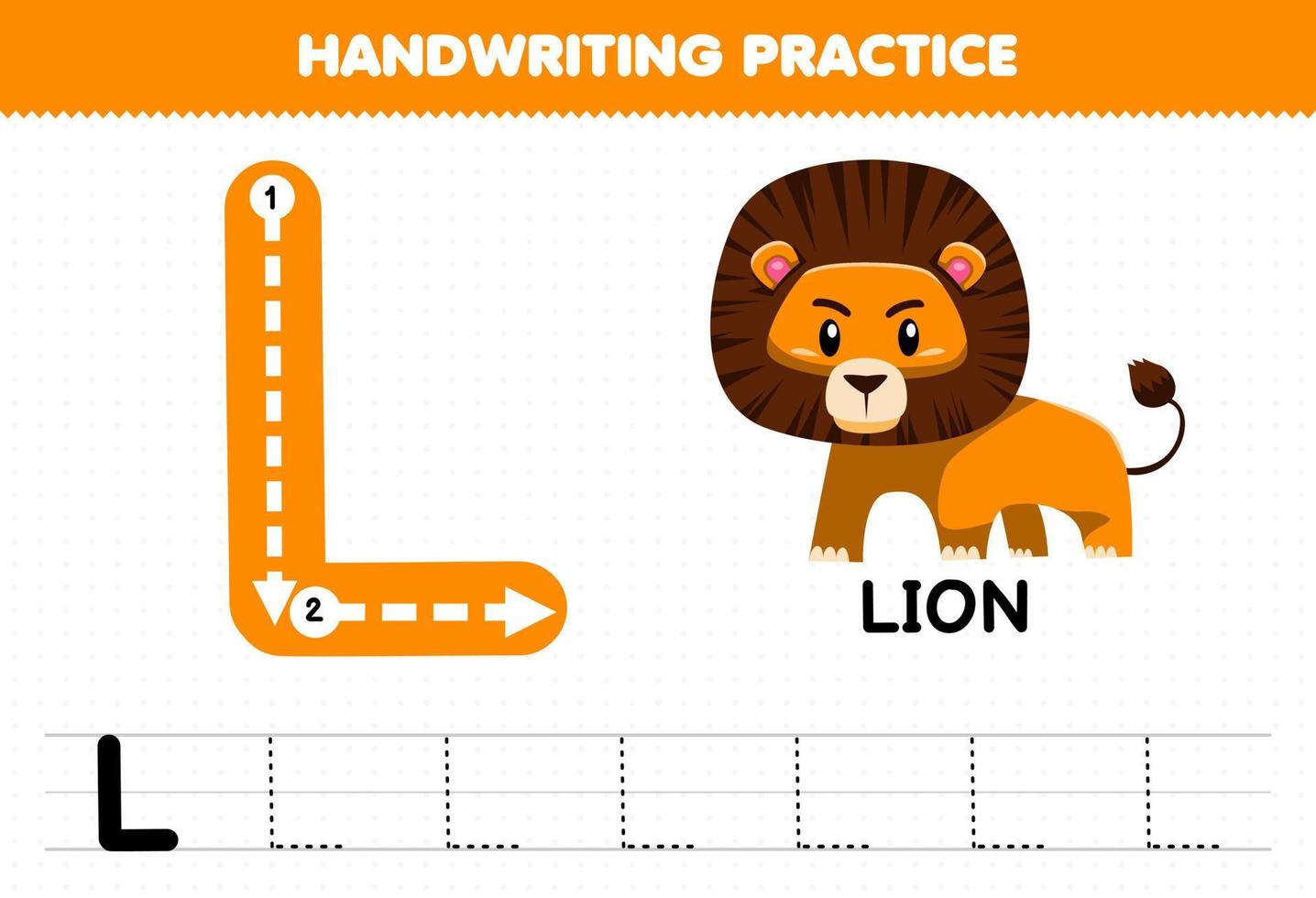 Education game for children handwriting practice with uppercase letters L for lion printable worksheet vector