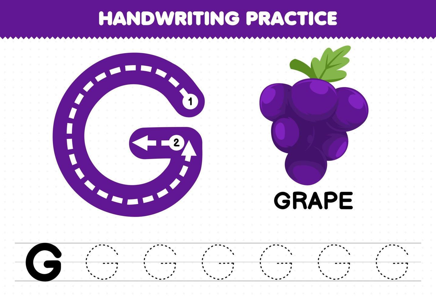 Education game for children handwriting practice with uppercase letters G for grape printable worksheet vector