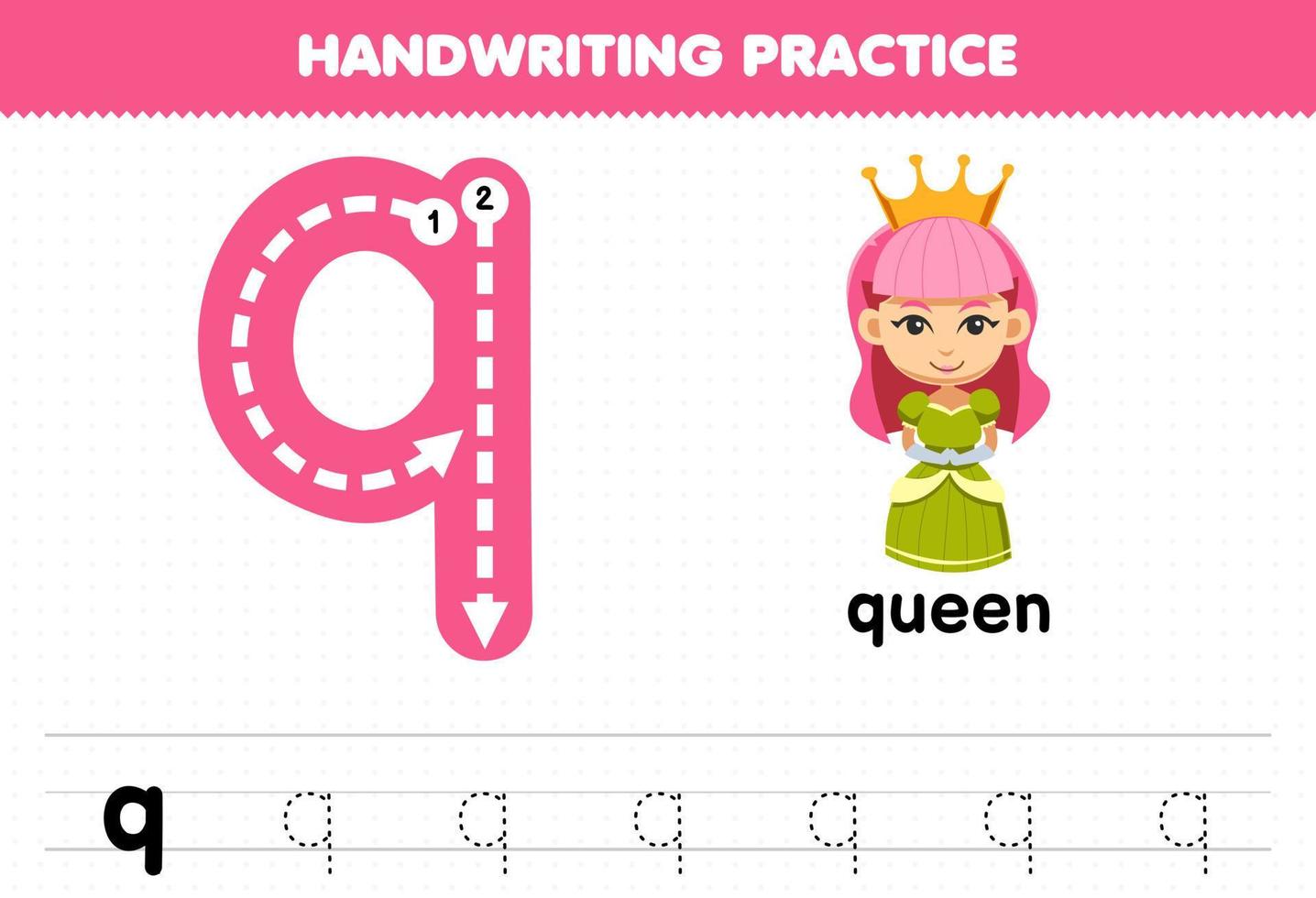 Education game for children handwriting practice with lowercase letters q for queen printable worksheet vector