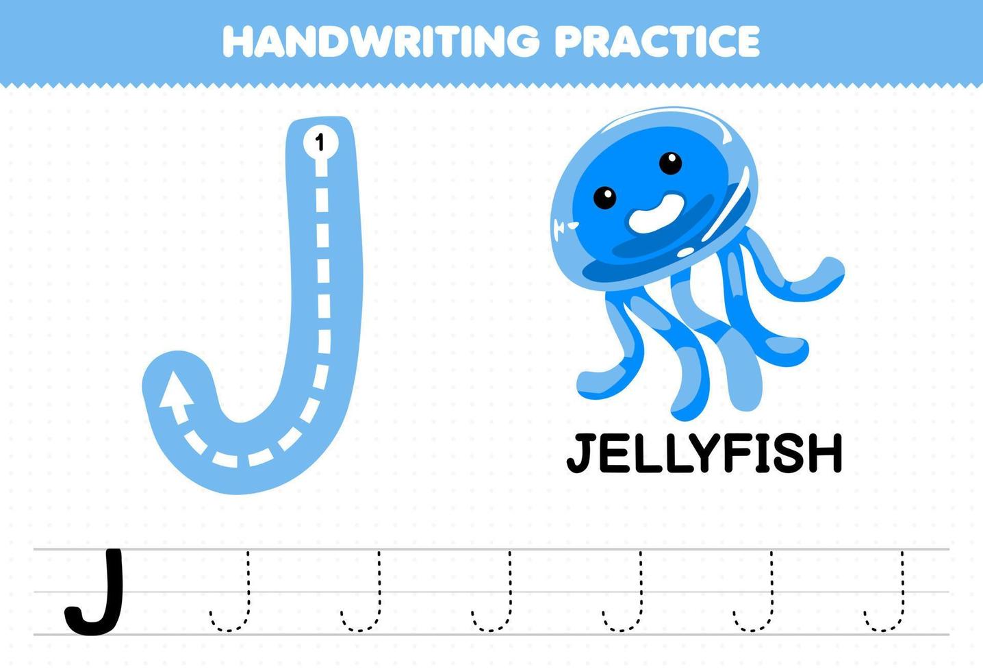 Education game for children handwriting practice with uppercase letters J for jellyfish printable worksheet vector