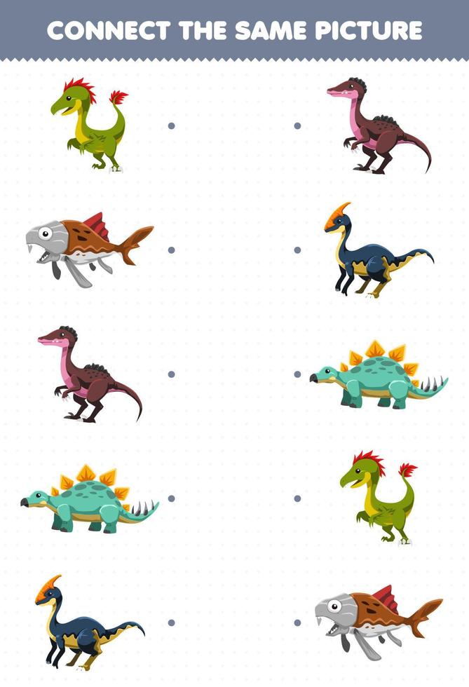 Education game for children connect the same picture of cute cartoon prehistoric dinosaur printable worksheet vector